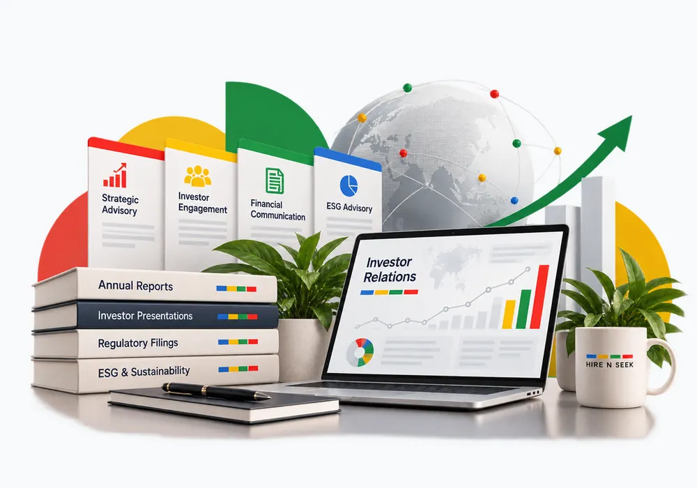 Investor relations workspace with reports, analytics and market visuals