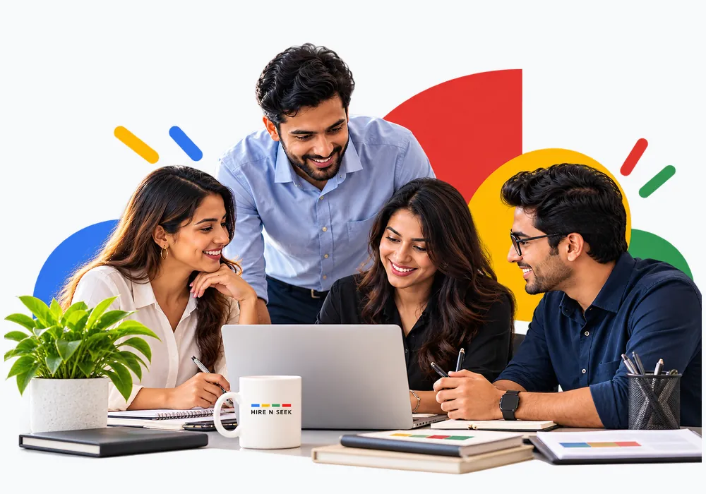 Professionals collaborating around a laptop in a people-first workplace